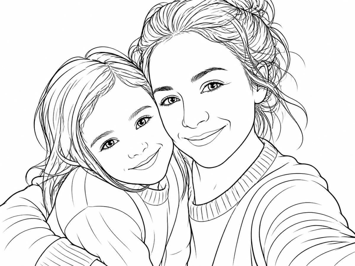 The coloring page made from that photo: line art of the mother and daughter