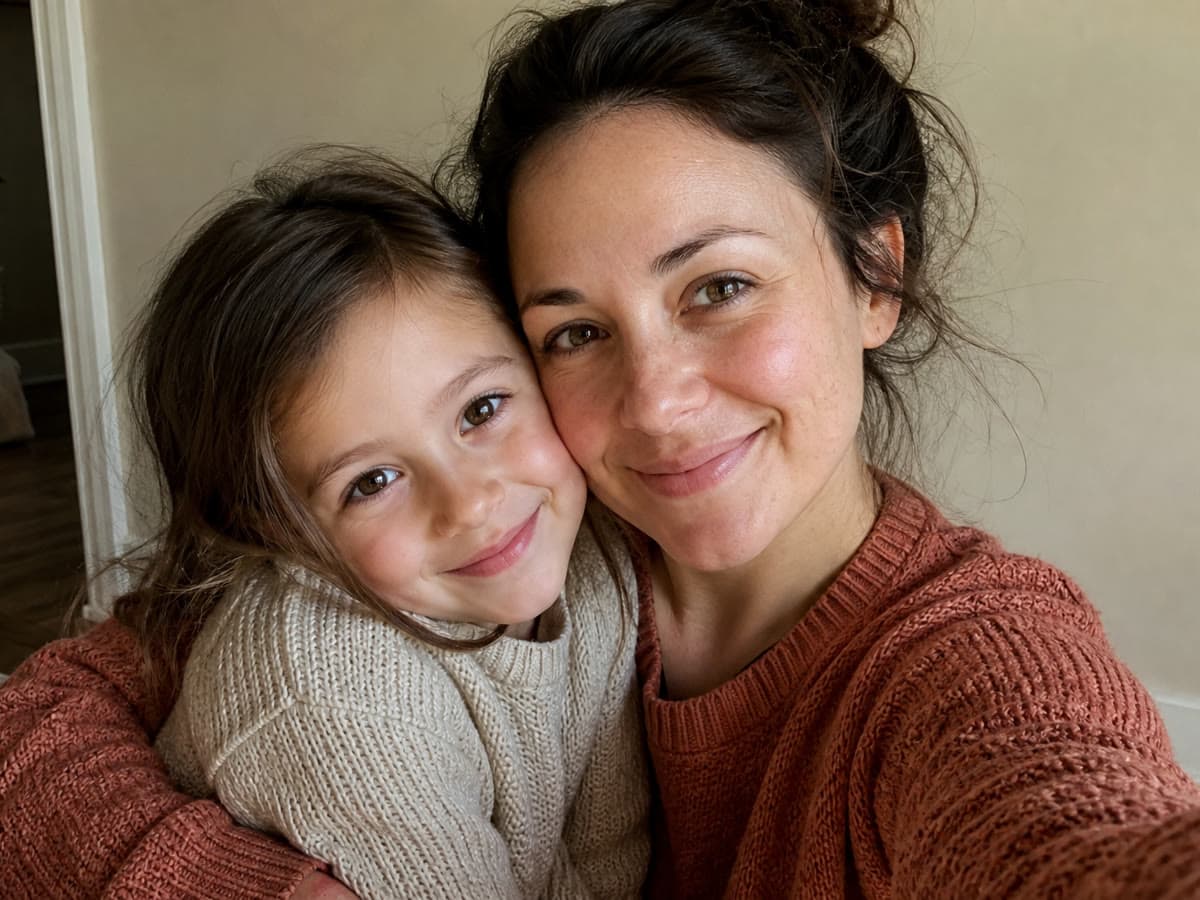 Original photo: a mother and her daughter hugging in cozy sweaters