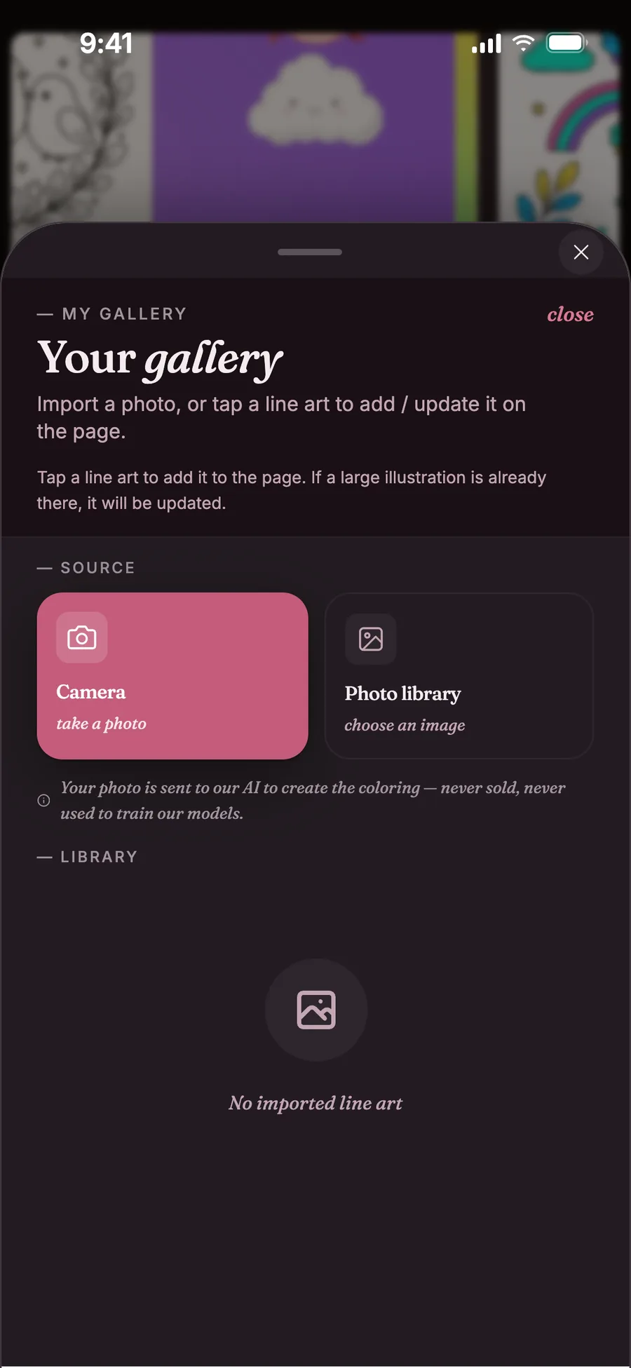 Studio gallery: import a photo to turn it into a coloring page