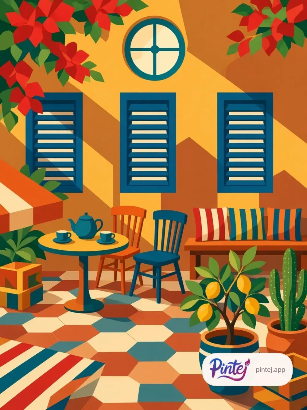 Patio with blue shutters — In color
