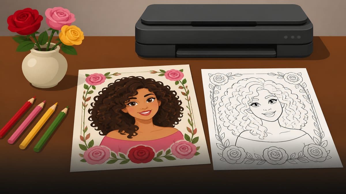 Coloring pages printed on A4, laid out on a table