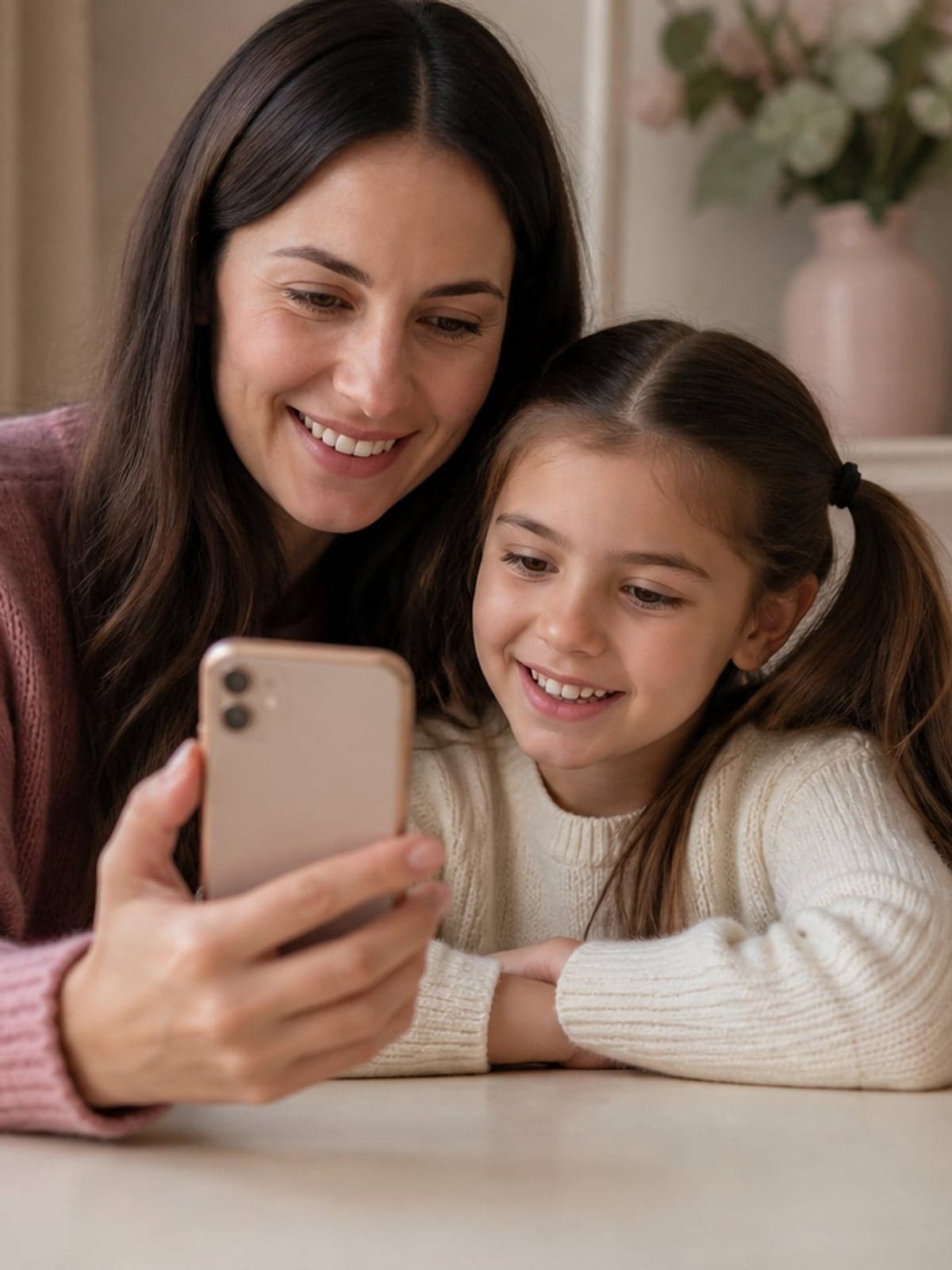 Original photo: a mother and her daughter taking a selfie at home