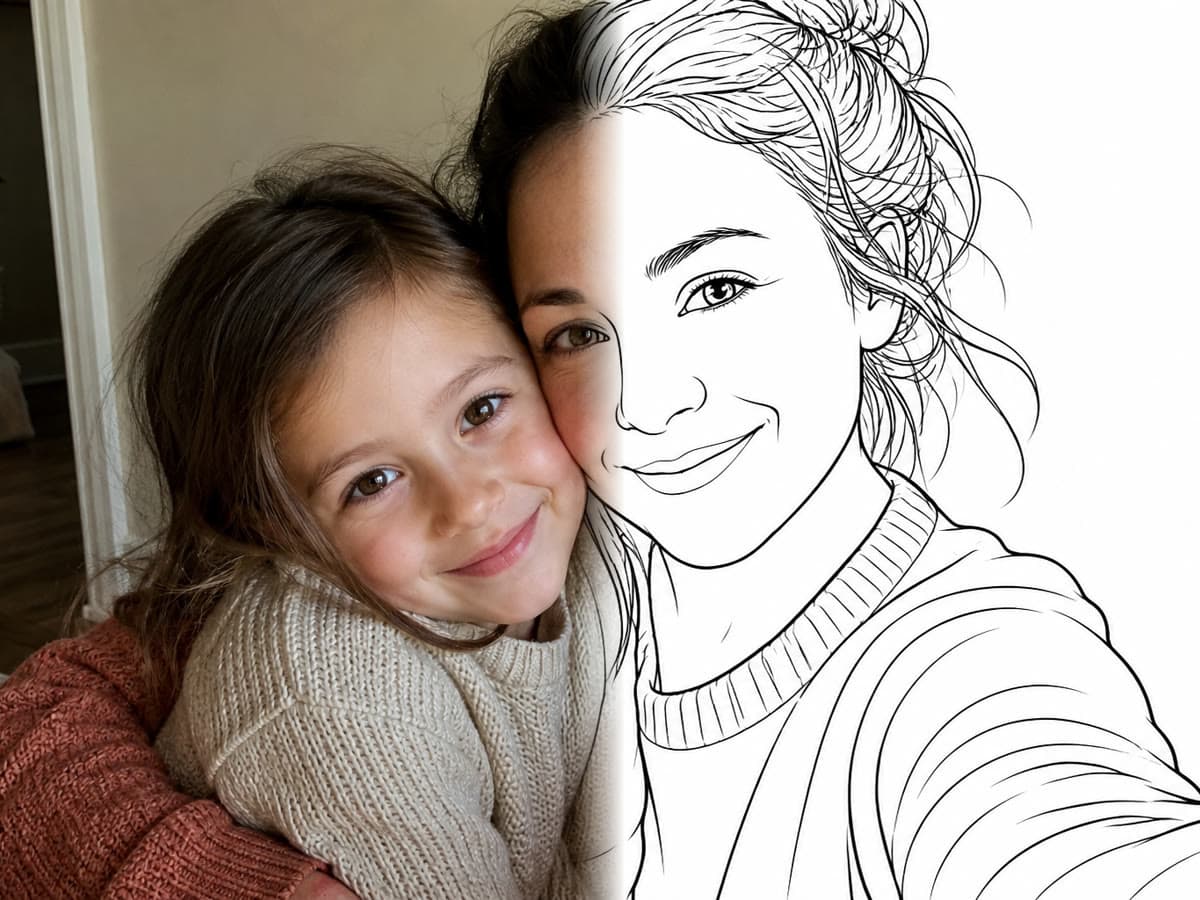 A portrait photo next to its line-art version