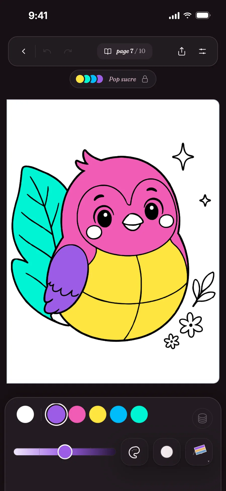 Palette de couleurs et outils du mode coloriage de Pintej