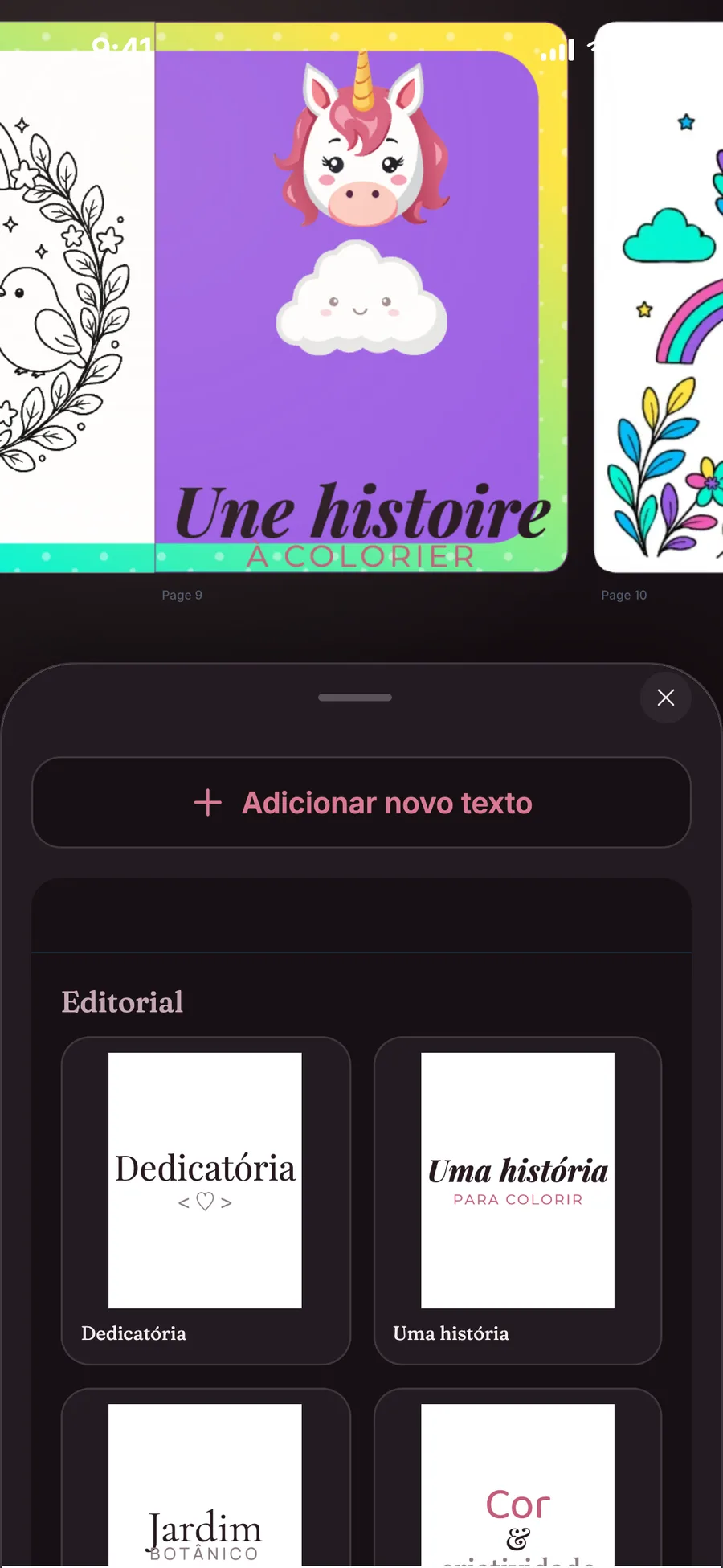 Painel de presets de texto do Studio