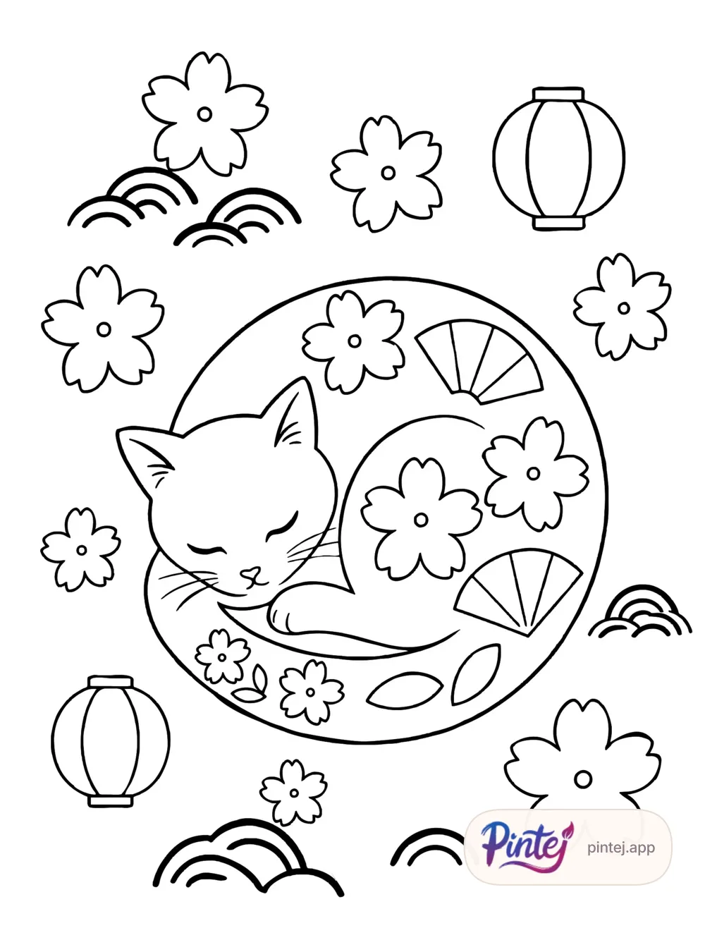 Curled-up cat — Line art