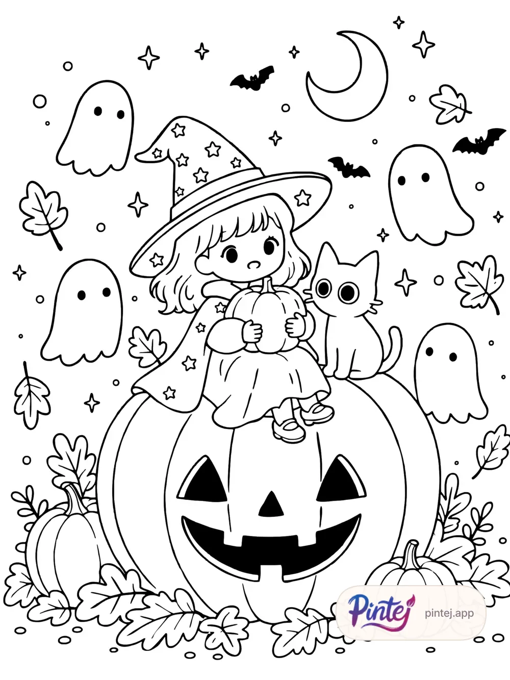 Witch and pumpkin — Line art